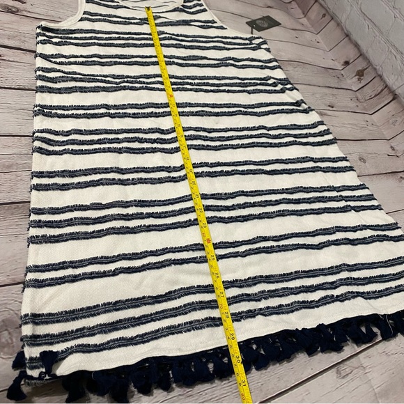 VINCE CAMUTO Women's Ivory/navy Fringe-striped Tassel-hem Sheath Dress SZ M. - Picture 9 of 11